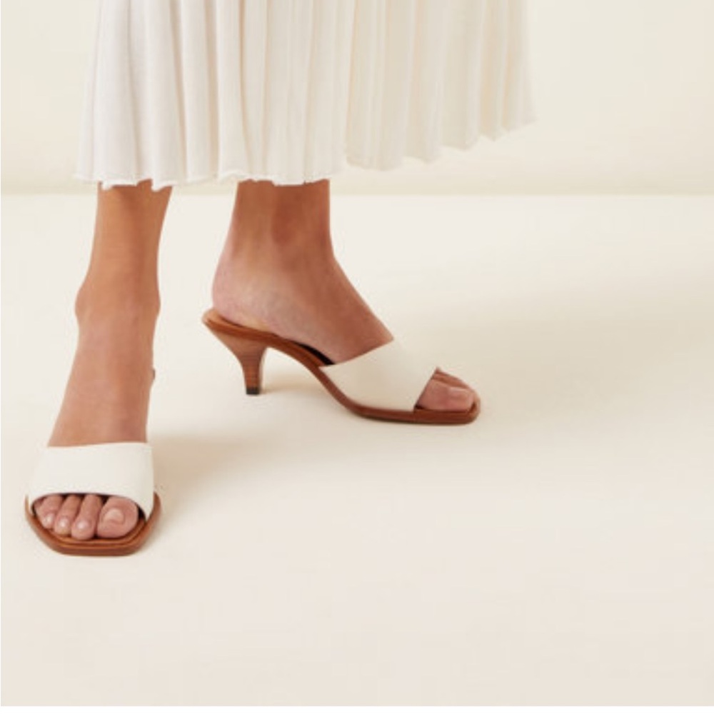Neous Cygnus Canvas-Trimmed Leather Sandals size 38 7.5 Kitten Heel